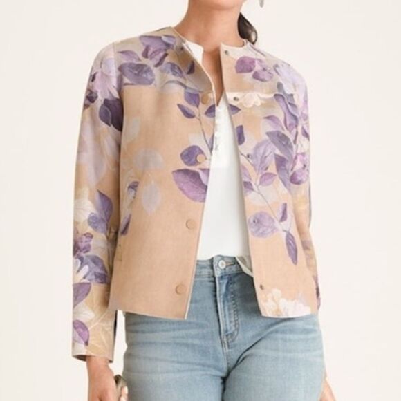 Chico’s Floral Faux Suede Cream Purple Pockets SZ 12 NWOT - Picture 15 of 15